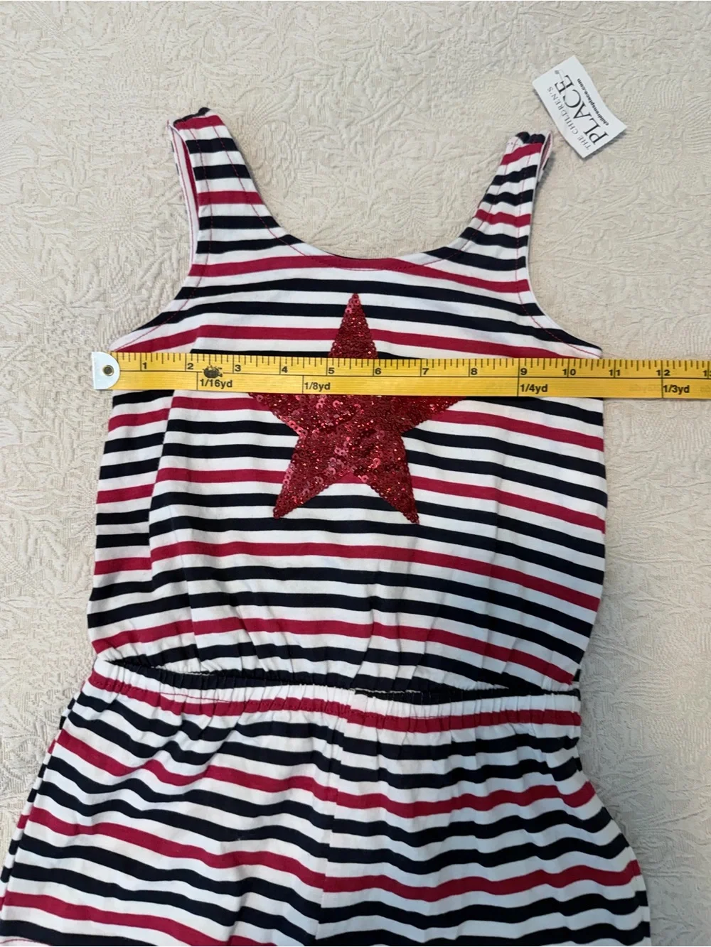The Children's Place Navy and White Striped Romper with Red Sequin Star
